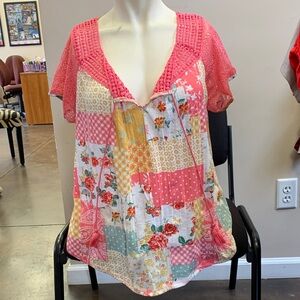 Absolutely Famous Patchwork Floral Peasant Top with Lace Sleeves